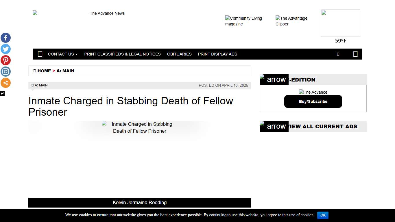 Inmate Charged in Stabbing Death of Fellow Prisoner – The Advance News